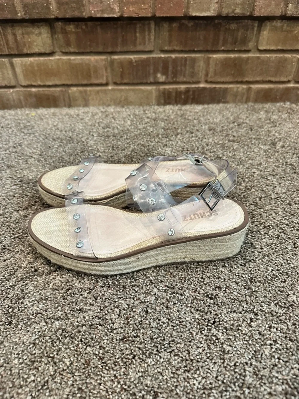 Schutz Clear Rhinestone Studded Espadrille Wedge Sandals 7.5 Boho Chic